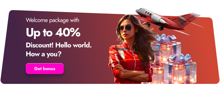Promotional image with woman, gifts and airplane